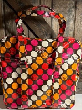 Roxy Brown Laptop Tote with Pink, Orange, Red & Cream Polka Dots
